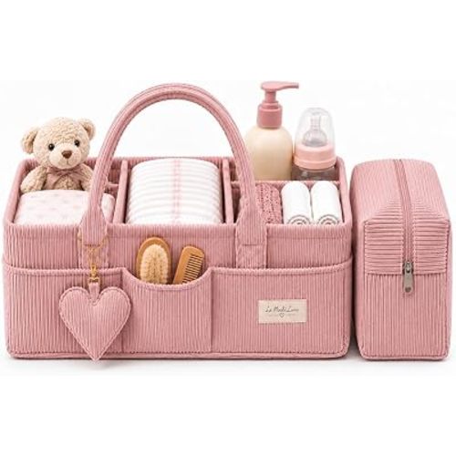Baby Diaper Caddy Organizer with Matching Zipper Pouch, Soft Corduroy Diaper Storage Basket, Nursery Organizer with Removable Divider, Newborn Essentials, Baby Registry Must Have, Gift for Baby Shower