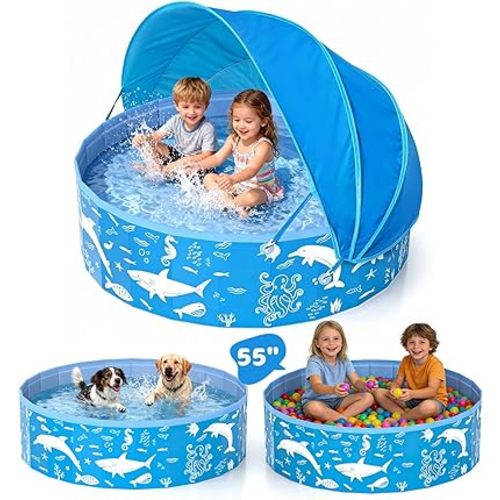 Kiddie Pool with Canopy, 55” Foldable Baby & Toddler Pool with UPF 50+ Sunshade, EPN BPA-Free Thick PVC Portable Kids Pool for Outdoor Backyard & Beach, Mesh Vent for Summer Water Play