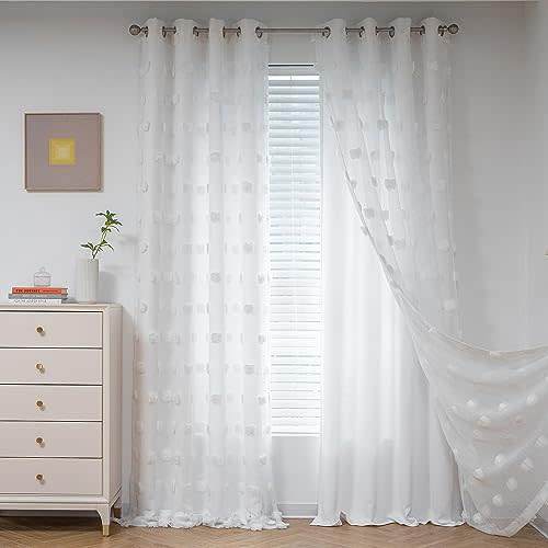 MYSKY HOME White Curtains for Kids Room & Nursery - 72 Inch Long Double Layer Sheer Curtains with Pom Poms & Grommets for Girls Bedroom & Living Room - Darkening Panels W52 X L72