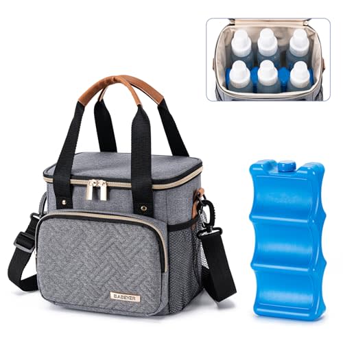 Breastmilk Cooler Bag with Ice Pack Fits 6 Baby Bottles up to 9 Ounce, Breast Milk Pump Cooler Bag for Nursing Mom Daycare, Work, Travel-Grey
