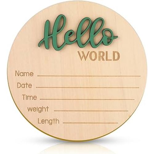 Baby Announcement Sign, 5.9 Inch Wooden Hello World Newborn Welcome Sign Birth Baby Name Plaques for Photo Props Baby Shower Hospital Nursery(Green)