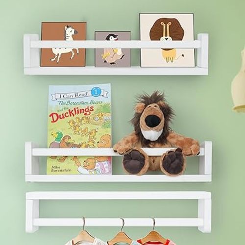 Floating Book Shelves for Wall, 16.5 inch Natural Wood Nursery Shelves for Book, Solid Pine Wooden Floating Bookshelf for Bedroom Living Room, Set of 3, White