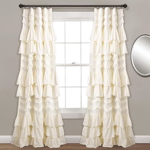 Lush Decor Kemmy Light Filtering Window Curtain Panel Single 52" W x 84" L Ivory - Drapes - Ruffled Curtains for Bedroom - Cream Curtains - Coquette Decor