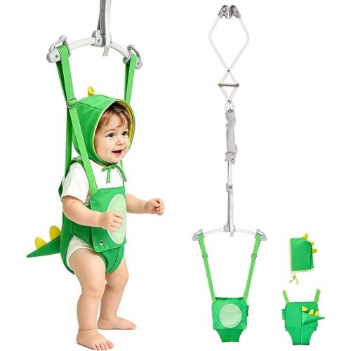 FUNLIO Baby Door Jumper for 6-24 Months (with Door Clamp), Baby Jumper Doorway with Strong Spring & Adjustable Strap, Portable Infant Door Bouncer, Bearing 40 Lbs, Green Dinosaur