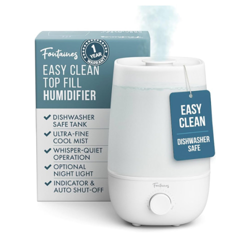 Fontaines Luxury Top-Fill Cool Mist Humidifier - 360° Ultra-Fine Spray, Whisper-Quiet Operation, Dishwasher-Safe Tank, Nightlight & Auto Shut-Off, Easy to Clean for Home, Bedroom, Baby Nursery