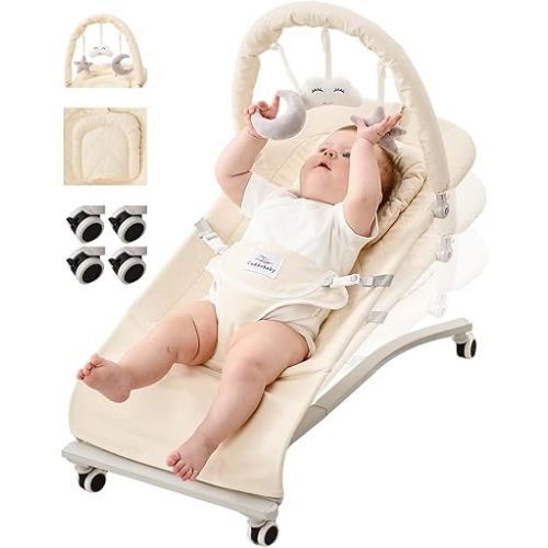 CuddoBaby Baby Bouncer with Lockable Wheels, Soft Head Cushion, Hanging Dolls for Hand-Eye Coordination, 100% Cotton Seat, 3-Level Recline, Foldable for Newborn to Toddler, 0-12 Months – Beige