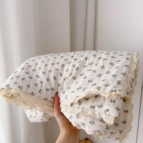 BuLuTu Pink Bellflower Print Muslin Cotton Quilted Blanket for Girls Boys Lightweight Soft Crib Blankets Toddler Comforter for Toddlers Kids Children, All Seasons, 47x59 Inches