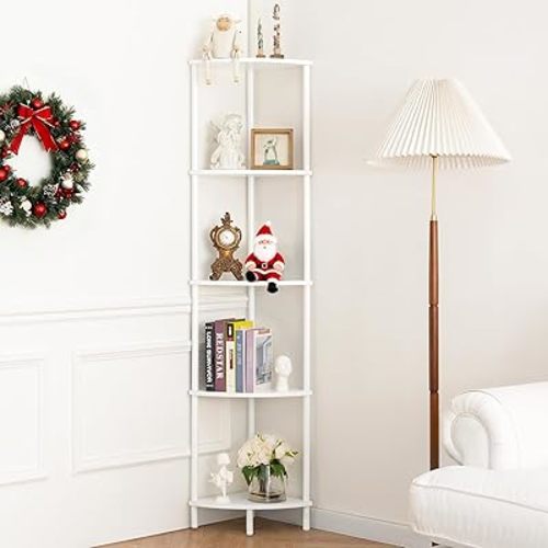 Yoobure Corner Shelf Stand, 5-Tier Bookshelf, 65" Tall Shelves for Bedroom, Living Room, Narrow Display Shelf Bookcase, White Book Shelf with Display Shelves for Office