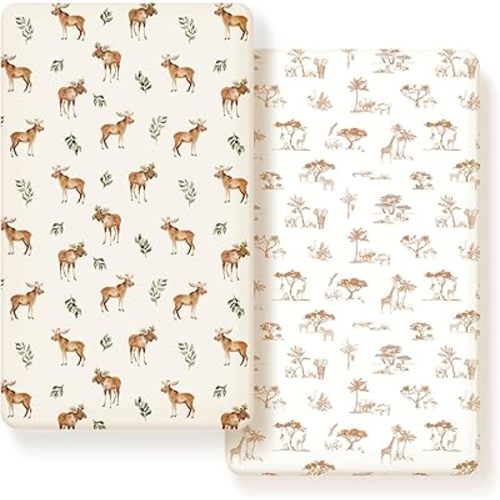 GRSSDER Stretch Ultra Soft Jersey Knit Fitted Crib Sheets Set 2 Pack, Universal Fit All Standard Crib Mattress Pads Safe and Snug, Crib Fitted Sheet with Deep Pocket, Original Design for Unisex Baby