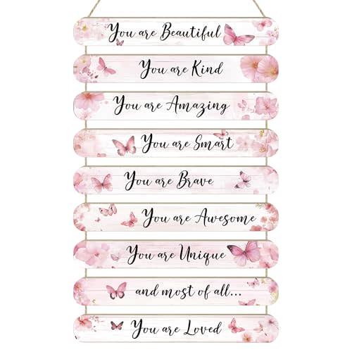 MONALET Pink Butterfly Inspirational Wall Decor for Girls Kids Room Office Classroom Playroom Nursery, You Are Loved Hanging Wooden Signs Decorations, Rustic Vintage Aesthetic Wood Plaque 9Pcs 12x19