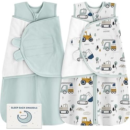 Unnivoll Newborn Sleep Sack Swaddle 100% Cotton Baby Swaddle 0-3 Months, 3-Way Adjustable Wearable Blanket, TOG 1.5, 2 Pack for Baby Boy Girl Apricot Gray Elephant