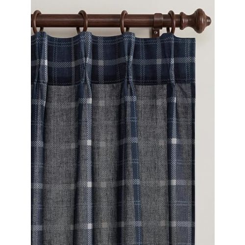 NICETOWN Pinch Pleated Blue Plaid Curtains 2 Panels, W40 x L96 in, Linen Blend Light Filtering Privacy Draperies with Grid Tartan Pattern, Premium Curtains for Living Room, Dining Room with Hooks