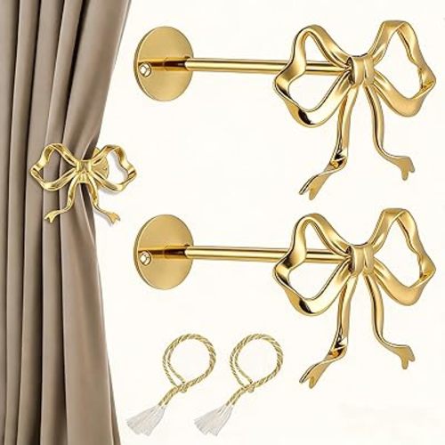 2 Pack Jumbo Bow Curtain Holdbacks, Wall Mounted Large Metal Gold Curtain Tiebacks, Curtain Holders for Wall, Elegant Window Hook for Home Decor, with 2 Pcs Curtain Ties