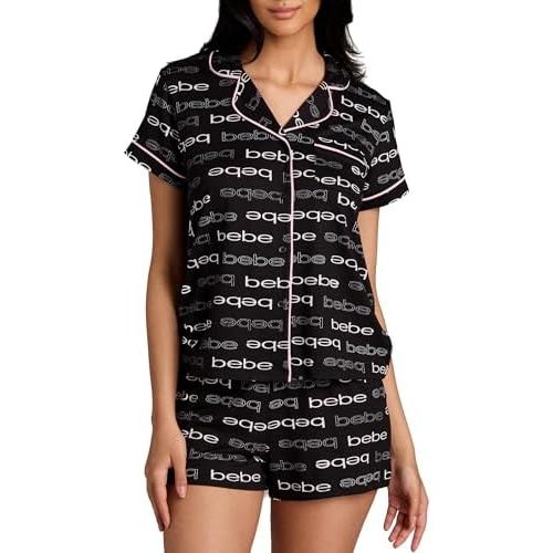 bebe Short Sleeve Button Up Pajama Set for Women, PJ Set for Women, Cute Pajama Shorts Lounge Set