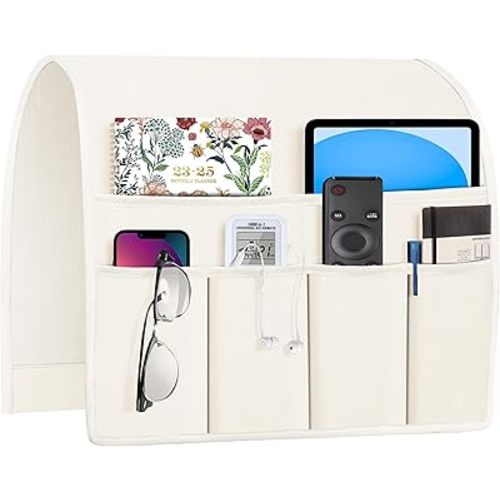 Joywell Remote Holder for Recliner Armchair Caddy Couch Armrest Non Slip Sofa Arm Chair Caddie with 6 Pocket for Magazine, Tablet, Phone, iPad, Think Linen, Ivory