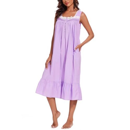 AVIIER 100% Cotton Nightgowns for Women Sleeveless Sleep Dress Ladies Gowns Sleepwear with Pockets