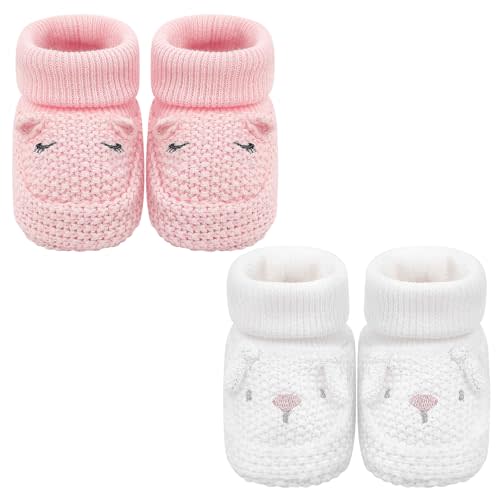 Newborn Shoes Knit Soft Baby Sock Booties for Infant Boys Girls First Walking 2 Pairs, 0-3 Months