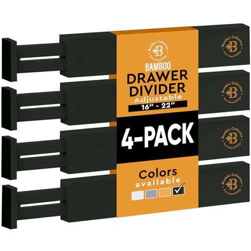 4 Pack Drawer Dividers Bamboo 2.6" High, 16-22" Adjustable Drawer Organizers for Clothes, Expandable Dresser Separators in Bedroom/Bathroom/Kitchen/Office Organization and Storage (Black)