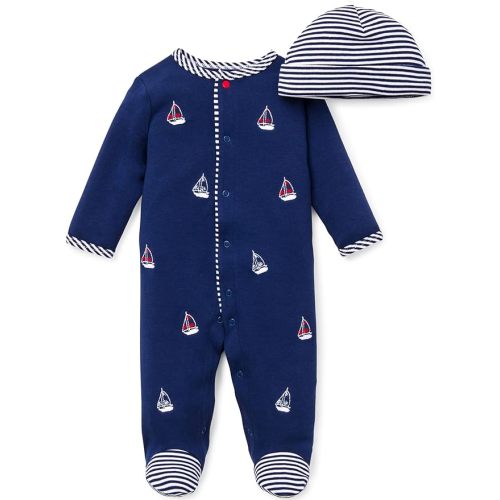Little Me Baby Boy Clothes 2-Piece Baby Sleeper and Cap Set, 100% Cotton Footies Baby Essentials, Preemie to 9 Months