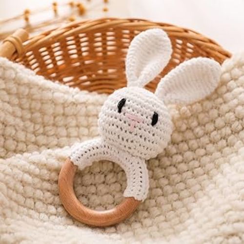 Wooden Baby Rattle，Crochet Bunny Rattle with Wood Ring, Newborn Wooden Animal Rattle Toy，Infant White Bunny Wood Rattle Toys Bunny-4