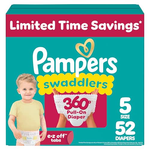 Pampers Diapers - Swaddlers 360° - Size 5, 52 Count, up to 100% Leakproof Comfy Dry Fit, Designed for Easy Changes, Pull On Baby Diaper (Packaging May Vary)