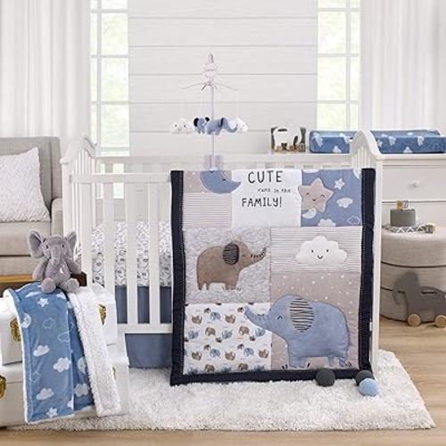 NoJo Carter's Blue Elephant - Chambray, Navy, Gray and White Elephant, Moon, Clouds and Stars 3 Piece Nursery Crib Bedding Set - Comforter, Fitted Crib Sheet and Crib Skirt