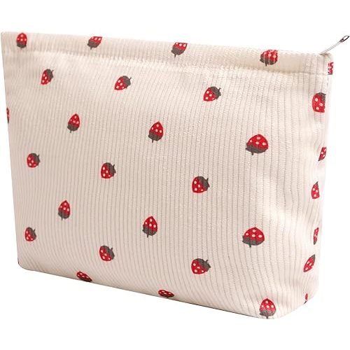 Cosmetic Bags for Women - Corduroy Cosmetic Bag Aesthetic Women Handbags Purses Smile Dots Makeup Organizer Storage Makeup Bag Girls Case Bags (Flowers-Beige strawberry)