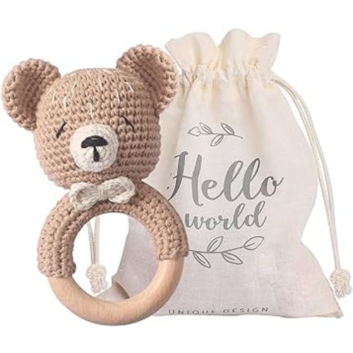 WOODEN TEETHER Baby Rattle, Shaker Toy,Crochet Baby Rattle, Crochet Baby Toys, Organic Wooden Newborn Toys, Newborn Animal Rattle Toys,Knitted Stuffed Animals Gifts for Baby, Kahki Bear