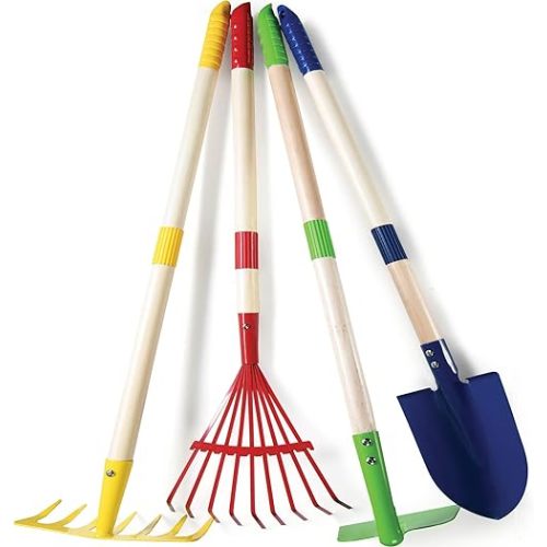 Play22 Kids Garden Tool Set Toy 4-Piece - Shovel, Rake, Hoe, Leaf Rake, Wooden Gardening Tools for Kids Best Outdoor Toys Gift for Boys and Girls