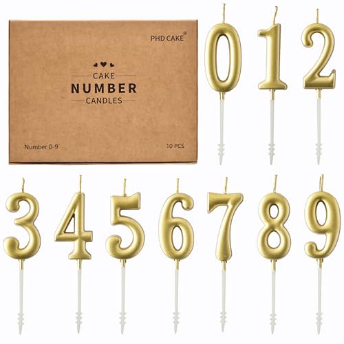 PHD CAKE 10-Pieces Gold Numeral Birthday Candles, Cake Numeral Candles Number 0-9 Glitter Cake Topper Decoration for Birthday,Wedding Anniversary,Party Celebration