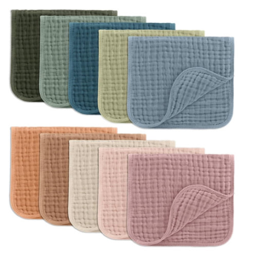 Comfy Cubs Muslin Burp Cloths 20" x 10", Pack of 10 - Large, 6-Layer, Ultra Absorbent 100% Cotton for Baby Drool and Messes - Soft, Safe & Gentle Baby Burp Cloths for Boys & Girls - Multi