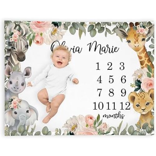 Personalized Safari Animals Pink Floral Milestone Blanket, Safari Floral Baby Milestone Blanket, Jungle Animal Flower Throw, Monthly Baby Growth Tracker, Boho Safari Nursery Throw, Newborn Girl Gift