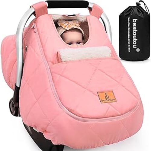 Winter Baby Car Seat Cover, Waterproof Winter Infant Carseat Canopy for Girls, Cold Weather Warm Car Seat Covers for Babies, Keeps Babies Warm and Cozy (Pink)