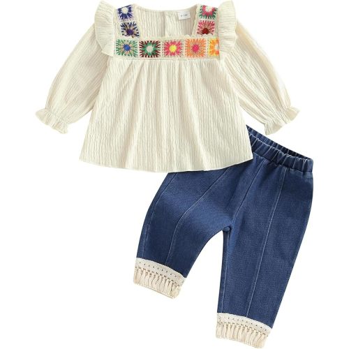 Toddler Baby Girl Crochet Blouse Tassel Denim Pants 2Pcs Boho Outfit Set