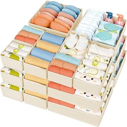 DIMJ Drawer Organizer Clothes 18 Pack - Foldable Baby Organizers and Storage & Dresser Organizer for Bedroom, Closet - Nursery Organization Dresser Dividers for underwear, Sock,Bra, Belt, Tie, Beige