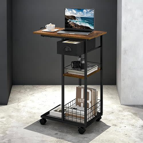 3-Tier Side Table with Wheels and 360° Rotation, C Table with Drawer, End Table for Couch, Space Saving Small Desk for Narrow Space, TV Tray, Vintage Bedside Table for Living Room, Bedroom