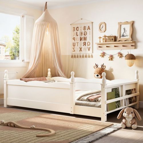 Twin Floor Bed with Guardrails - Beige