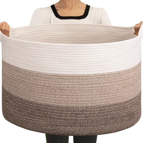 OIAHOMY 90L Blanket Basket for Living Room, Large Basket 23" x 23" x 13" with Handle, Laundry Hamper for Blankets, Pillows, Toy Storage for Kids, Dogs - Gradient Brown