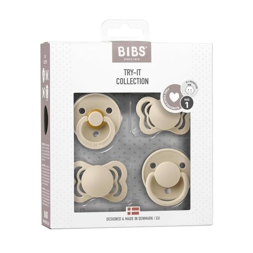 BIBS Try-It Collection | 4-Pack Soothers | BPA-Free Round, Anatomical & Symmetrical Nipple | Natural Rubber Latex/Silicone | Made in Denmark | 0-6 Months | Vanilla