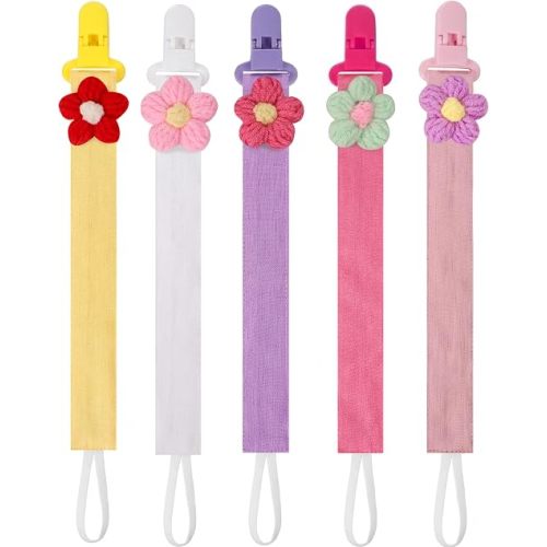 5 Pack Pacifier Clips for Baby Girls, Multicolor Fabric Straps,5pcs Straps, Approx. 11 in / 29 cm, Resin Clips with Inner Grip Design, Fits Most Pacifiers with Handles(8)