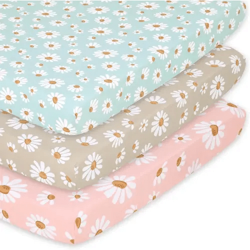 The Peanutshell 3-Pack Fitted Playard Sheets - Soft & Breathable Baby Girl Mini Crib Sheets, Pack N Play Mattress, Fits Standard Playard Pack Play Mattresses - Daisy Dreams