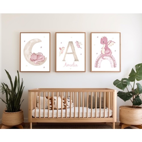 Personalized Pink Dragon Nursery Wall Art Prints, Baby Girl Custom Name Sign, Fantasy Dragon Art Decor, Girls Room Wall Decor, Digital