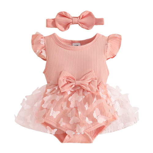 Staki Baby Girls Tie Strap Dress Baby Girl Clothes Newborn Romper Dress Infant Lace Ruffle Sleeveless Summer Outfits with Headband 0-18M(Pink,0-3 Months)