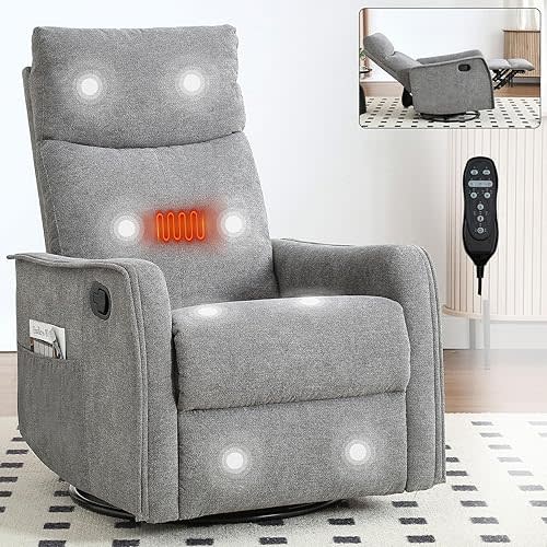 Massage Chair Recliner with Heat, Swivel Rocking Chair Recliner with High Back, Manual Lazy Boy Recliners for Adults,Small Recliner Chair for Small Spaces, Living Room Bedroom, Fabric (Grey)