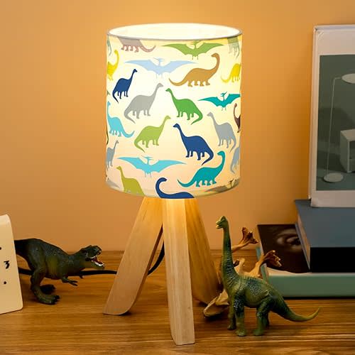 VIHOSE Dinosaur Kids Table Lamp for Bedroom Kids Bedside Lamp with Linen Wooden Nightstand Cartoon Nursery Lampshade for Girls Boys Living Room