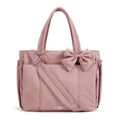 BAGSMART Crush Bow Tote Bag for Women, Puffer Travel Work Yoga Laptop Bag | Large Bow Tote Fits 40oz Tumbler, 15.6" Laptop, Yoga Mat Sleeve, Waterproof Pocket, Travel Work Swim Gym Mom Shoulder Handbag