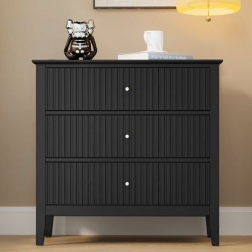 Heynemo Fluted 3 Drawer Dresser, Set of 1 with Ball Bearing Slide, Modern Nightstand Cabinet with Spacious Storage for Bedroom Black