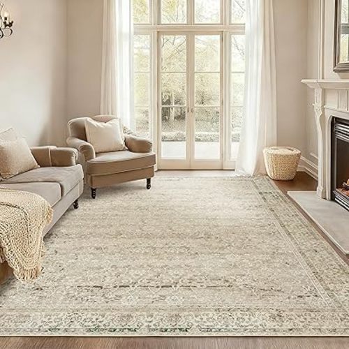 Cream and Light Tan Rug for Bedroom Neutral Boho Farmhouse Floral Washable Soft Distressed Low Pile Non Slip Area Rugs for Living Room Home Office,5x8