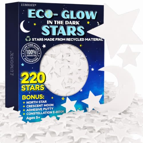 Glow in the Dark Stars for Ceiling, 220 Pcs with Moon and North Star | 220 stars in three sizes with moon, North Star and reusable putty. Charges in 30 minutes, glows for hours.