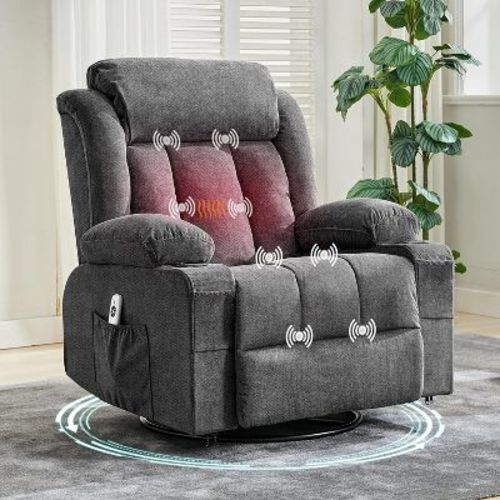 360° Swivel Rocker Recliner Chair with Heat and Massage, Oversized Lounge Sofa with USB Charging, Cup Holders, and Side Pockets